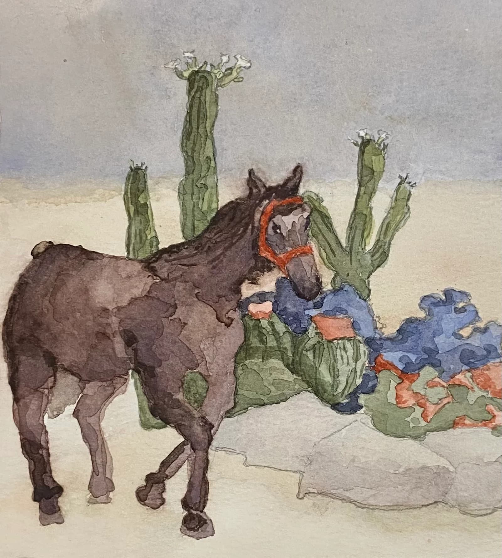 Original watercolor painting of a horse among flowering cacti by Costa Belik