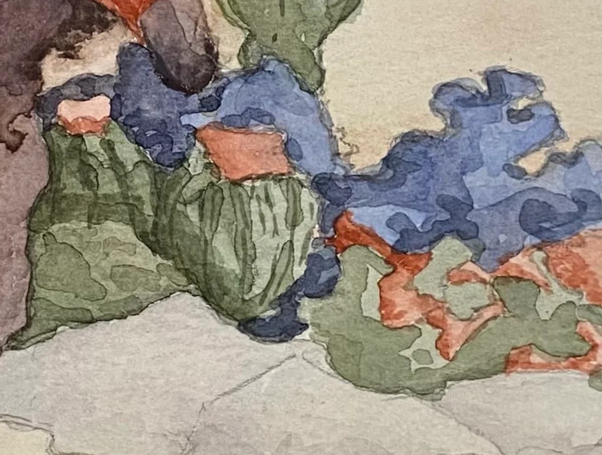 Detail of watercolor flowers, translucent pigment and paper in a painting by Costa Belik