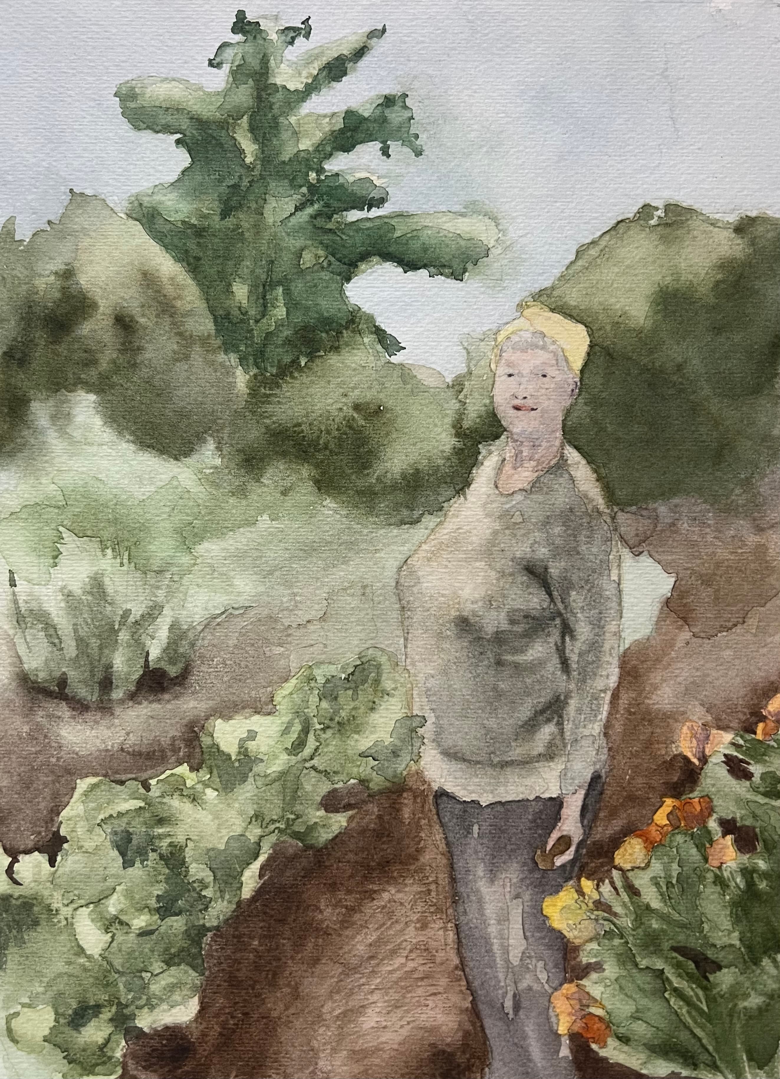 Granny in the garden, watercolor of a woman standing among garden plants by Costa Belik