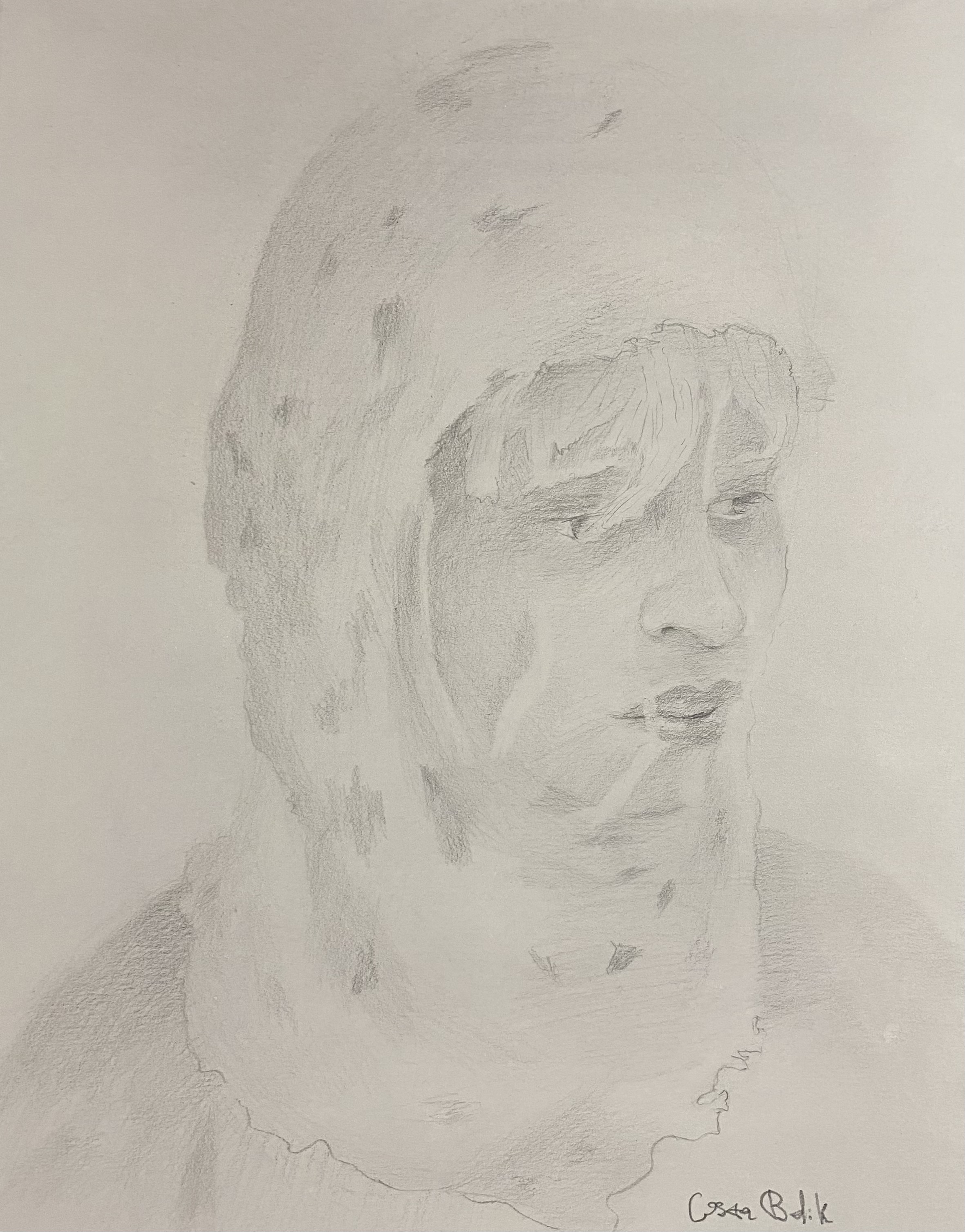 Portrait of Rue in a mask, original graphite drawing on toned paper by Costa Belik